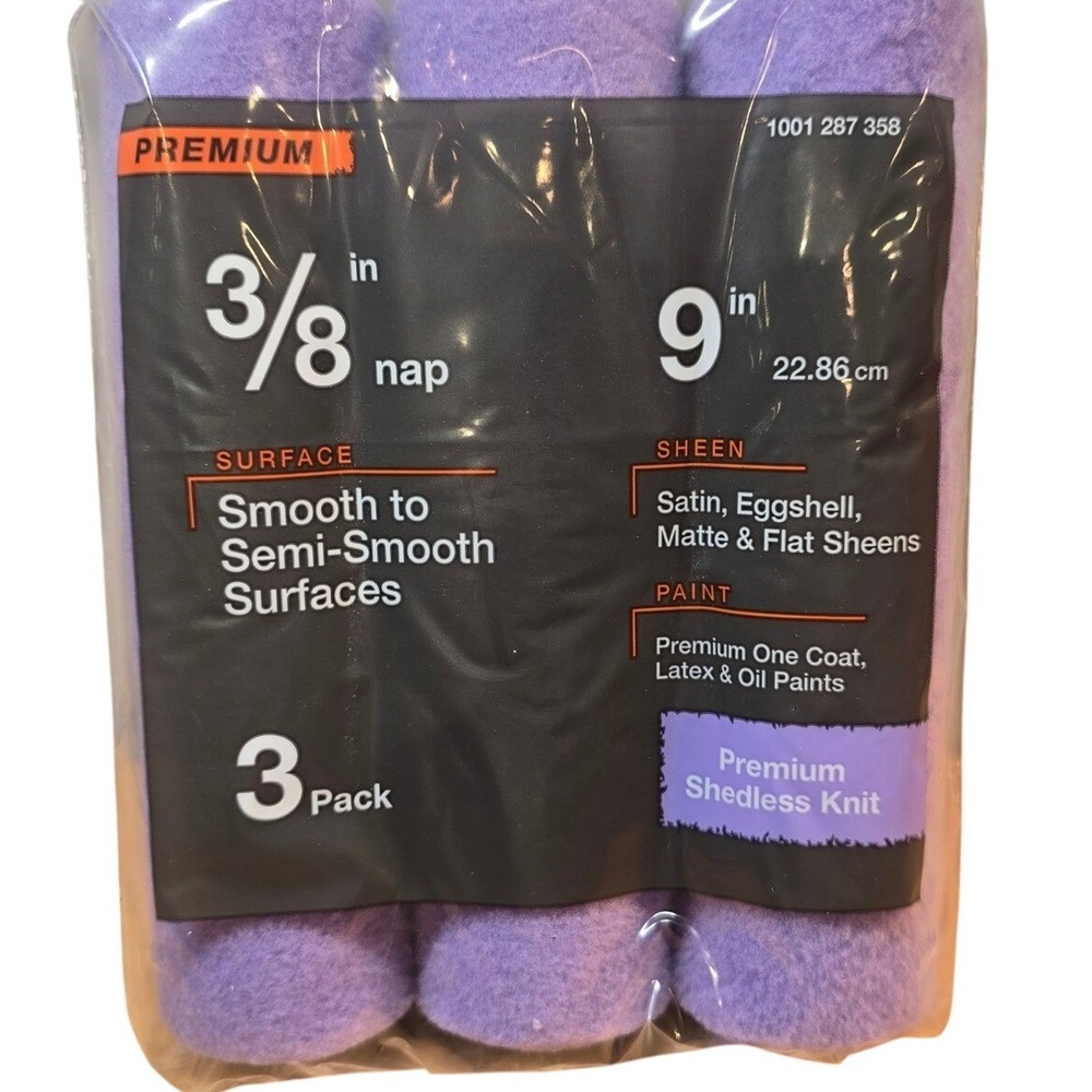 Paint Roller Cover Premium 9" with 3/8" nap Smooth to Semi-Smooth Surface 3 Pack